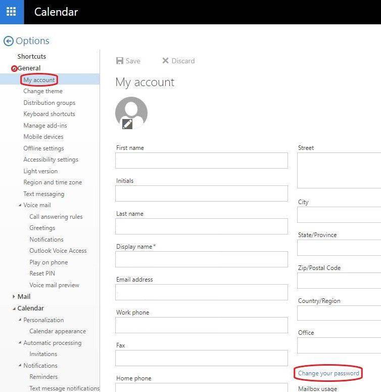 General Tab My account section